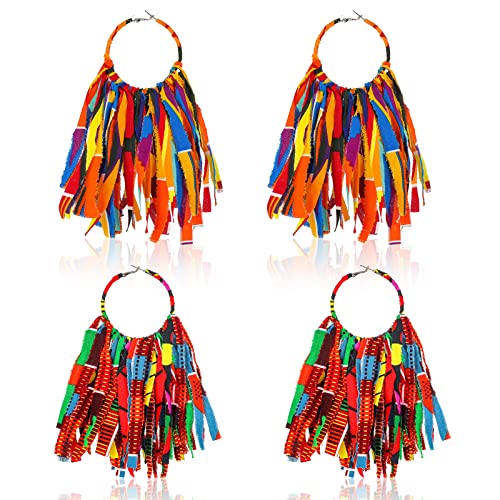 Sureio 2 Pairs African Fabric Tassel Earrings Set Ankara Fringe Hoop Earrings Fashion African Cloth Print Jewelry for Women Accessories