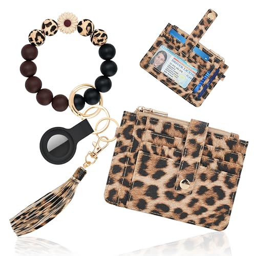Sunpour Wristlet Wallets for Women Cute Keychain Wallet with AirTag Holder RFID Small Credit Card Holder Boho Beaded Wallet Keychain WristletLeopard