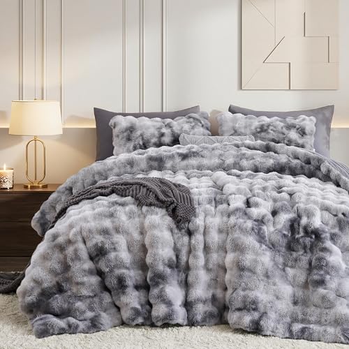 Smoofy Fluffy Comforter Set King - Ultra Faux Rabbit Fur Bubble Comforter Tie-Dye Grey Luxury Plush Bedding Set Cloud-Like Soft & Cozy for Winter Comforter with 2 Pillowcases Room Decor Aesthetic