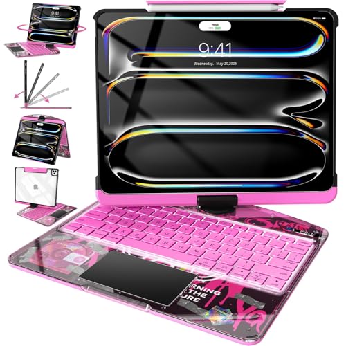 Image of Intermerge Transparent Keyboard Case for iPad Pro 11 inch(M5,2025 / M4,2024), 360 Rotating Multi-Touch Trackpad, 7-Color Backlit Keyboard, Pencil Holder, Type-C Charging, Blush Pulse