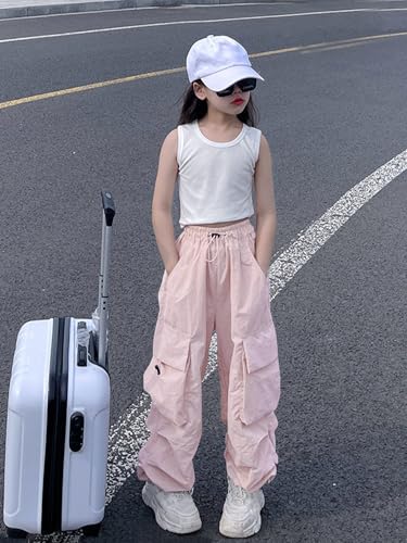 Image of Girls Cargo Pants Elastic Waist Drawstring with Pockets Pants | 6-14 years High Waist Loose fit School Hiking Casual