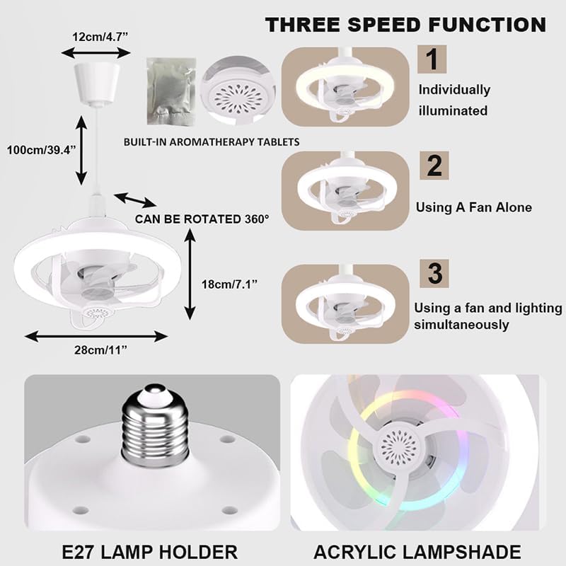 Miniatura 3 de Ventilador de techo con luces LED de 3 velocidades, 11 pulgadas, mini ventilador de techo empotrado, pequeño y cerrado, iluminación de techo de bajo