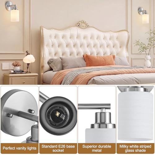 Image of 2-Pack 1-Light Vanity Lights, Brushed Nickel Bathroom Light Fixture with Textured Milky White Glass Shade, E26 Modern Vanity Lighting Fixture for Bathroom Wall Sconce