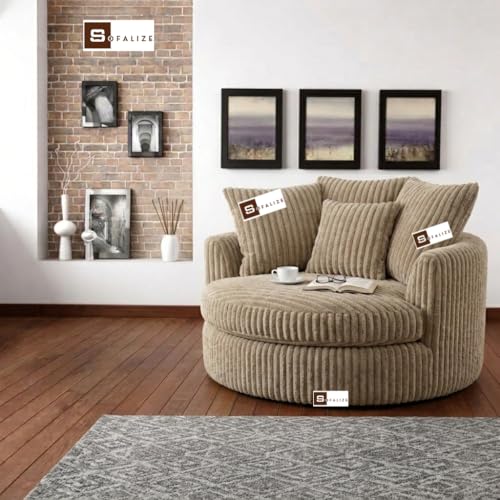 Image of SOFALIZE - Modern Barrel Accent with Pillows Round Sofa Combines Contemporary Design Oversize Arm Chair Cozy Club Chair for Bedroom, Living Room, Lounge, Hotel & Office, Hallways Sofa (Ivory)