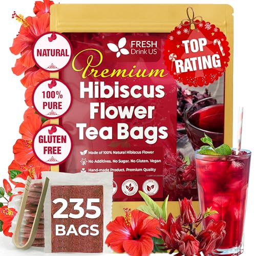 Image of FreshDrinkUS, Premium 235 Hibiscus Flowers Tea Bags, 100% Natural, Pure from Hibiscus Flowers. Loose Flower Herbal Tea. No Sugar, No Caffeine, No Gluten, Vegan.