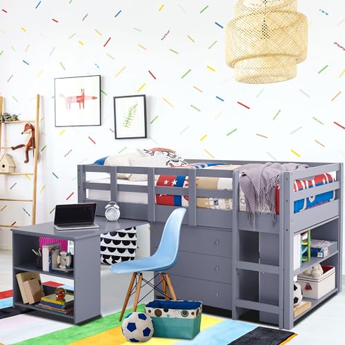 Naomi Home Grey Twin Size Loft Bed with Desk, Bookcase...