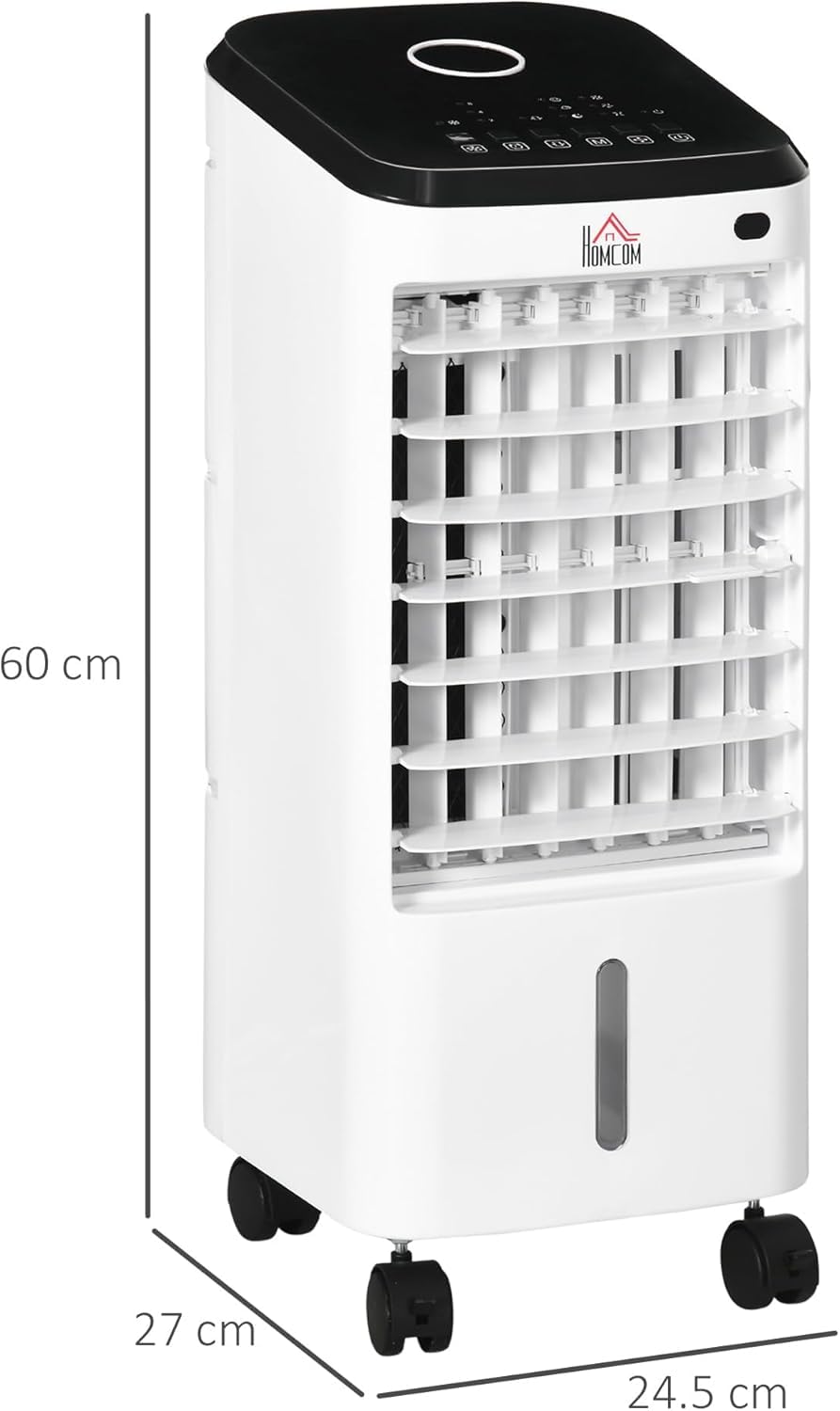 Condizionatore Portatile 3 in 1, Ventilatore, Umidificatore con Ghiaccio e Deumidificatore, 3 Velocità, 3 Modalità e Telecomando, con 6 pezzi di ghiaccio, 65W in ABS, 24x28x56 cm,Bianco