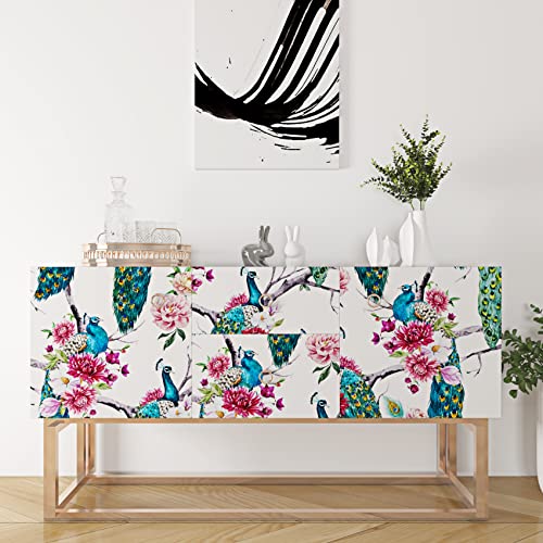 ReWallpaper 44.5cm x 7m Vintage Peacock Peel and Stick Wallpaper Boho Blue/Green Peonies Removable Lining Paper for Walls Vintage Floral Wallpaper for Walls Bathroom Bedroom Girls - Image 4