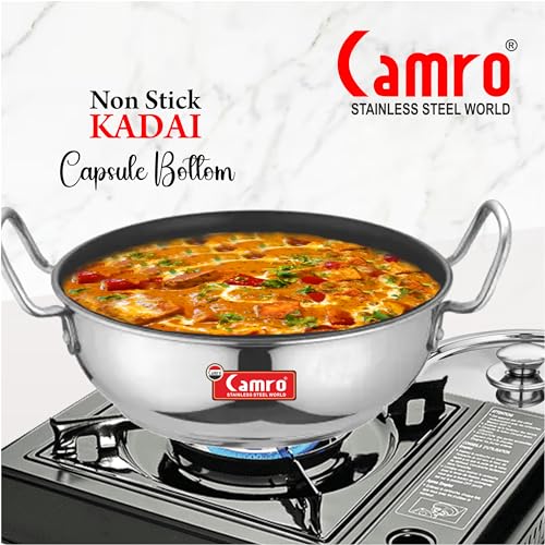 Image of Camro Non Stick Kadhai with Lid (16 No, 5 Liters) | Stainless Steel Kadhai | Gas Stove Compatible | Dishwasher Safe | 15+Years of Innovation and Quality