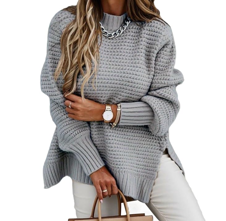Womens Long Sleeve Sweaters Casual Loose Crewneck Ribbed Knitted Sweater Fall Pullover Split Jumper Tops