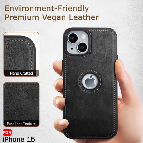 Image of TheGiftKart Genuine Leather Finish Back Cover Case for iPhone 15 | Shockproof Design | Raised Edges for Camera & Screen Protection | Stunning Minimalist Design Back Case Cover (Black Sides, Black)
