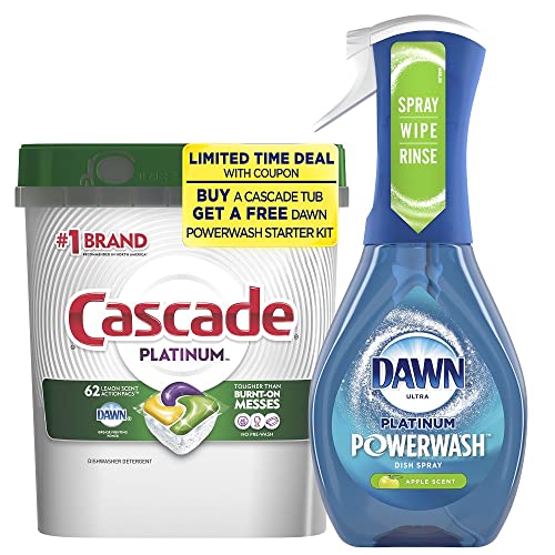 Dawn Platinum Powerwash Dish Spray, Dish Soap, Apple Scent, 16Oz + Cascade Platinum Dishwasher Pods, Actionpacs Dishwasher Detergent, Lemon, 62 Count Dish Washing Bundle #TOP16