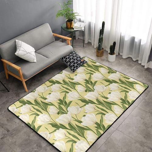Tapis d'intérieur doux imprimé floral blanc design raffiné - 5