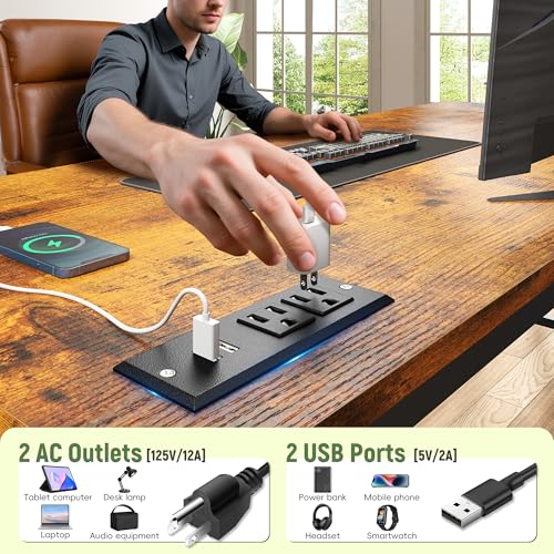 Image of 47.2 Inch Office Desk with Power Outlet & Ergonomic Monitor Stand,Gaming Desk with CPU Stand& LED Lights,Computer Desk with Drawer for Home Work,Study Redroom and Gaming,Small Spaces,Rustic Brown