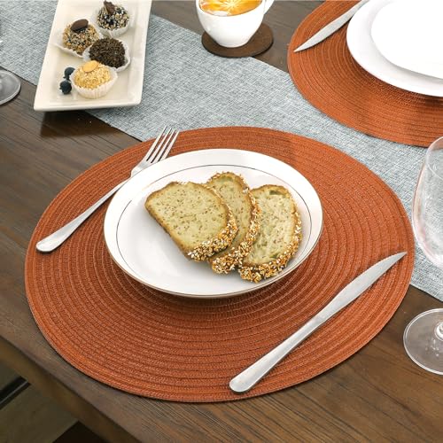 Image of SHACOS Round Placemats Set of 8 Washable 15 inch Round Placemat Cotton Polyester Woven Braided Table Place Mats for Dining Table Wedding Party Decor, Dark Orange