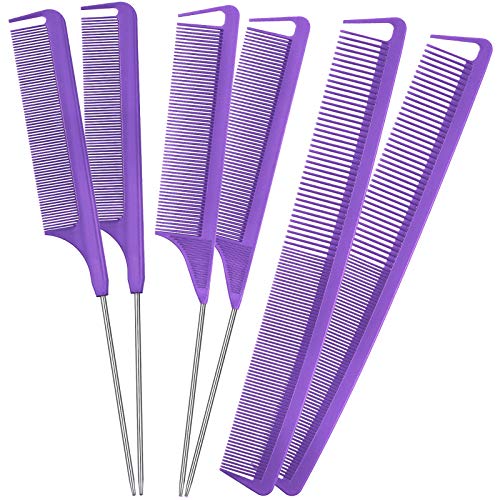 6 Pieces Parting Comb Rat Tail Hair Comb Cutting Comb Set Pintail Comb Carbon Fiber Teasing Comb Styling Comb with Stainless Steel Handle for Braids Salon Home Supplies (Purple)