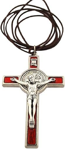 Crucifijo de San Benito con incrustaciones redondas de medalla de San Benito Cruz de esmalte rojo y tono plateado de 3 pulgadas con cordón y