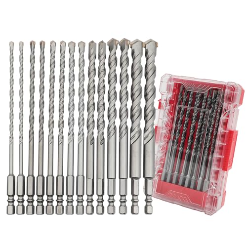 Pro Edge 14 Pcs Masonry Drill Bit Set 5/32''-1/2'', Carbide Concrete Drill Bits with Shockproof Hex Shank and Industrial Carbide Bit Tip for Brick/Glass/Cement/Tile/Plastic, with Storage Box