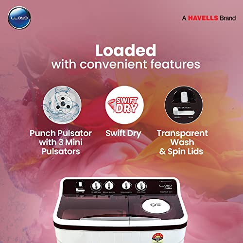 Image of Lloyd 8 kg 5 Star Semi Automatic Top Load Washing Machine |1300 RPM | Soak Function | 3 Wash Programs | Swift Dry | Magic Filter (GLWMS80IDMDE, Maroon and White)