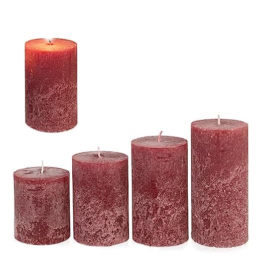 Candelo Juego de 4 velas rústicas de Navidad, corona de Adviento, velas rústicas, color burdeos rojo oscuro, 8/10/12/14 cm – Vela de Adviento