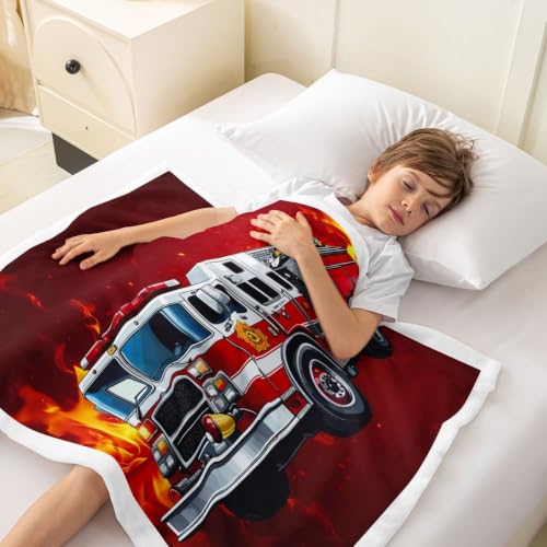 Image of Firefighter Truck Sherpa Blanket - Firemen Car Vehicle Fleece Throw for Bed, Couch, Sofa - Children Bedroom Decor Fire Engine Pattern Plush Red Fuzzy Twin 60 inchx80 inch