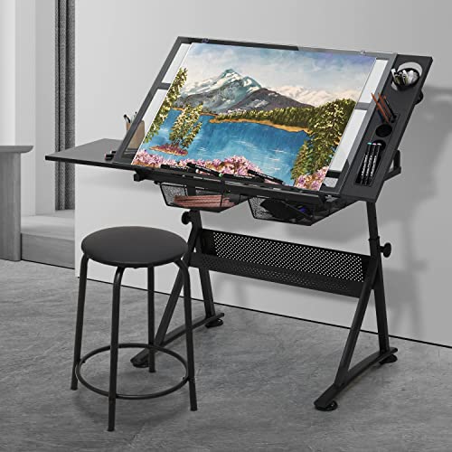 Monibloom Height Adjustable Drafting Table W/Stool Versatile Drawing Table Artist Desk Tilting Glass-Top, Home Craft Work Station Artists Desk W/Tray And Drawers For Reading Writing Diamond Painting #TOP1
