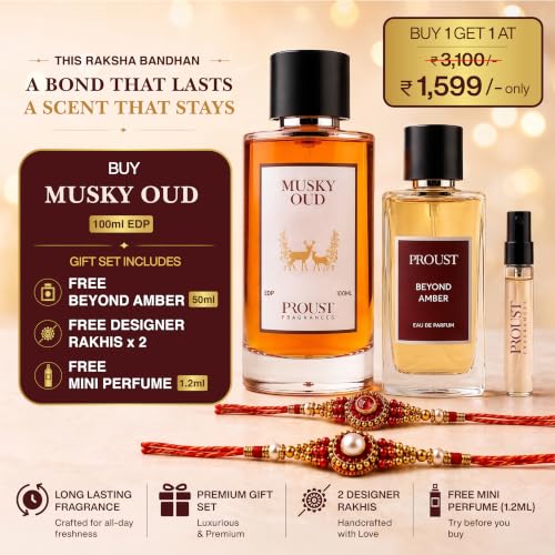 Image of PROUSTFRAGRANCES Musky Oud Perfume 100ml Raksha Bandhan Fragrance Gift Set | Beyond Amber EDP 50ml, 2 Rakhis & 1 Fragrance Tester included | Premium festive perfume combo with woody, musky & amber notes