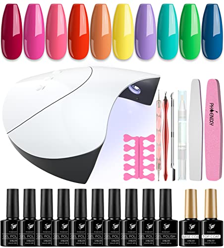 Gel Nail Polish Kit Phoenixy 10 Colors Gel Polish with 36W U V LED Nail Lamp Soak Off Neon Colors Gel Polish Starter Set Gel Polish Gift for Women