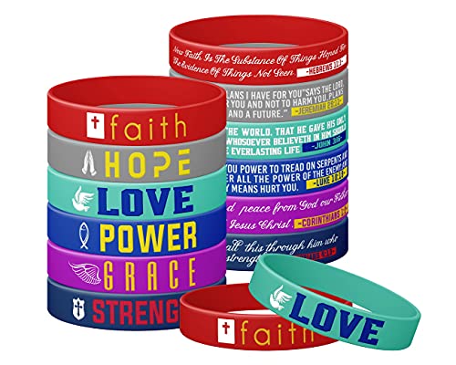 (12-pack) Christian Inspirational Bible Bracelets, Religious Bible Bracelets, Variety Pack - Faith Hope Love Power Grace Strength, Silicone Rubber Wristbands for Religious Party Favors, Gifts for Him Christian Men