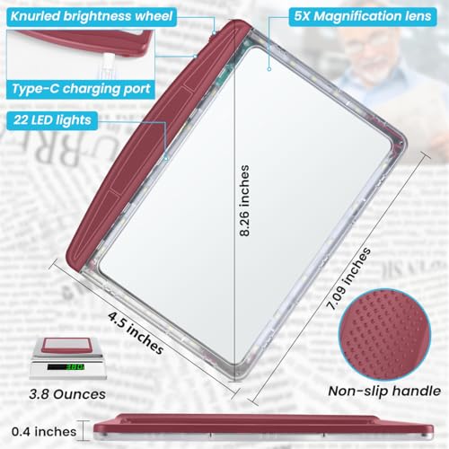 Image of Rechargeable 5X Magnifying Glass for Reading, Large Bright Full Page Magnifier with Light, Handheld LED Dimmable Lighted, Lightweight Book Magnifier for Reading Small Prints Seniors - Red