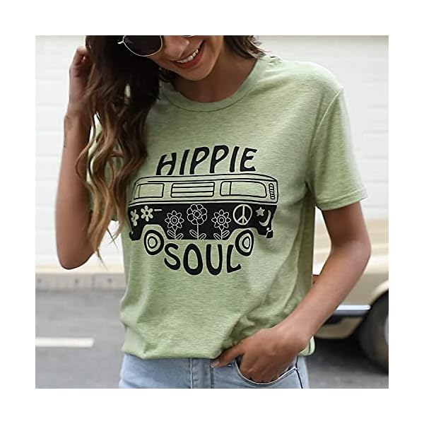 Hippie-Soul-T-Shirt-Womens-Graphic-Tee-Vintage-Shirt-Hippy-Gifts-Tops-Short-Sleeve-Clothing BLANCHES Women Summer Tops 2023 Vintage Graphic Tee Hippy Soul Tops Crew Neck Short Sleeve Casual Tees Green