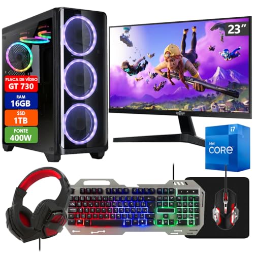 PC Gamer Completo Intel Core i7 16GB SSD 1TB Placa de Vídeo GT 730 2GB Monitor 23' com Kit Gamer - Fonte 400W Real Strong Tech