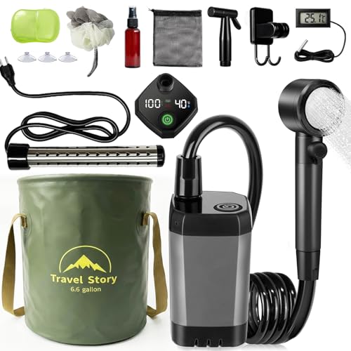 Ducha portátil para camping – Bomba de ducha recargable de 6000mAh con pantalla LED, 3 modos y boquilla de spray – Kit de ducha IPX7 para exteriores, viaje, playa, auto, baño para perros