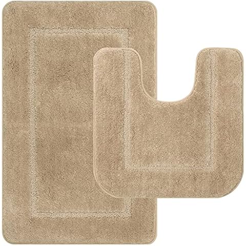 Pauwer Microfiber Soft Bath Mat Set 2 Piece Absorbent Bathroom Toilet Rug Non Slip Machine Washable Bath and Pedestal Mat Sets (Beige, 53 x 86 cm+50 x 50 cm) Cover
