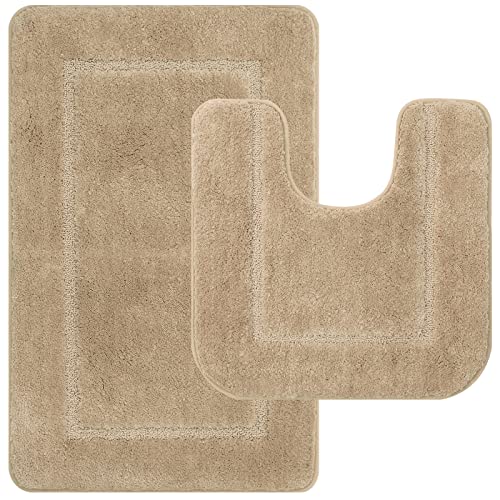 Pauwer Lot de 2 Tapis de Bain Absorbants Antidérapants pour Salle de Bain, Microfibre Tapis de Toilette, Tapis de Bain Carpette Lavable en Machine,Beige, 53 x...