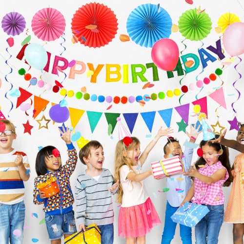 Image of CANREVEL 17 PCS Pre-Strung 3D Rainbow Happy Birthday Banner, Multi Streamer