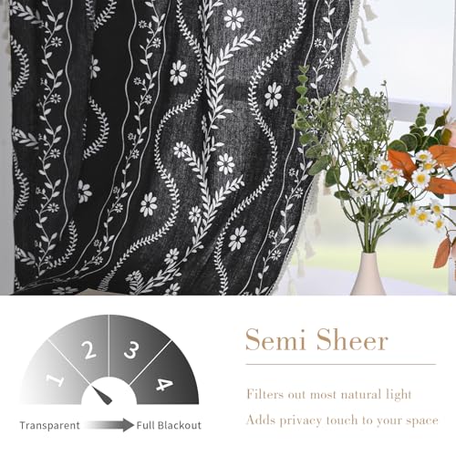 Image of Schweek Boho Tassels Curtains 63 Inches Long 2 Panels for Living Room Black