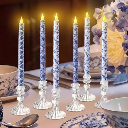 Baquler 6 Pcs Mother's Day Chinoiserie Flameless Candles 10.6 Inch Blue and White Battery Operated Led Candlesticks Chinoiserie Decor Porcelain for Holiday Wedding Party Table Centerpiece Home Decor