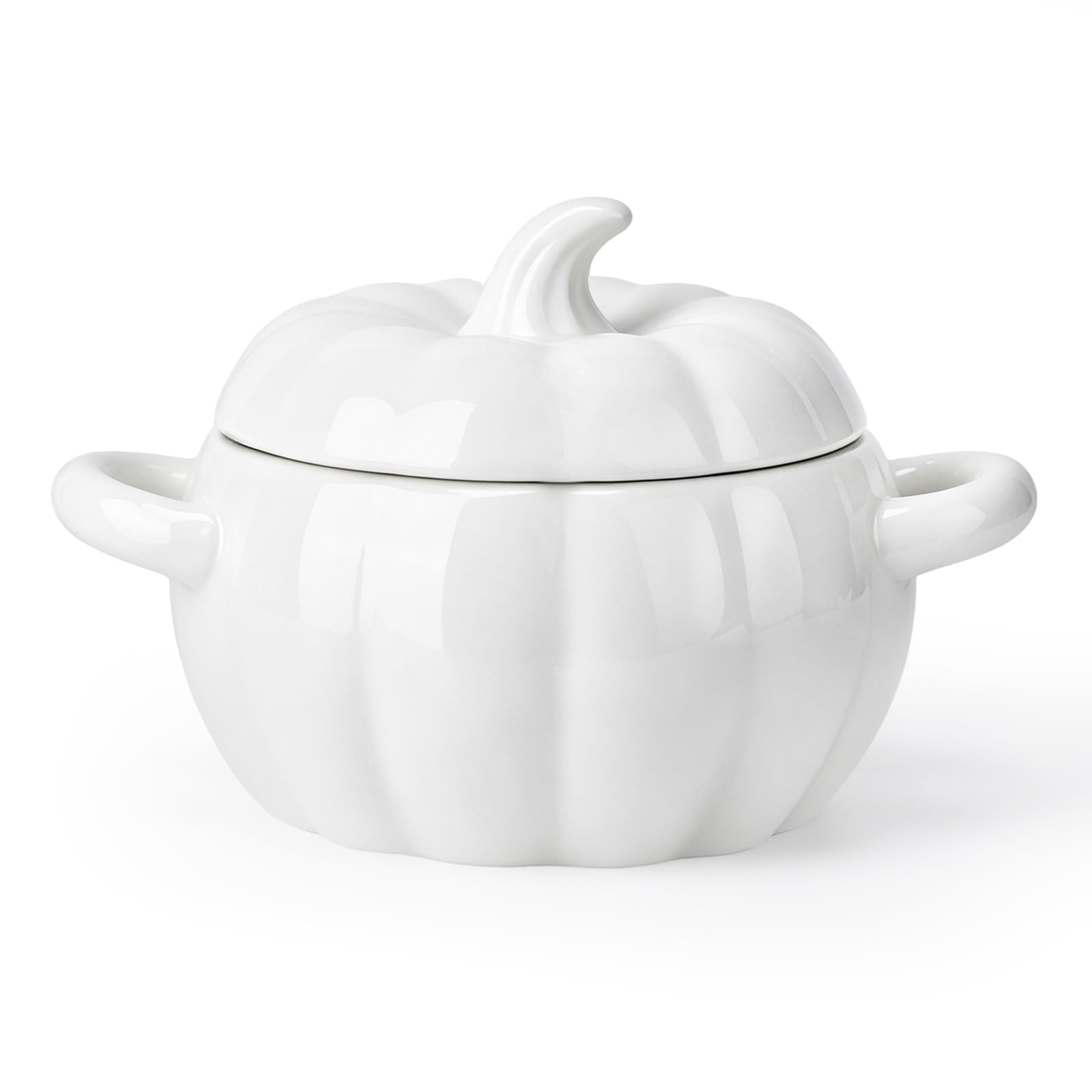 Justup Bol à soupe avec anse - 1,9 l - En céramique - Pot à soupe en forme de citrouille - Avec couvercle - Décoration d'Halloween - Batterie de cuisine pour la maison (blanc)