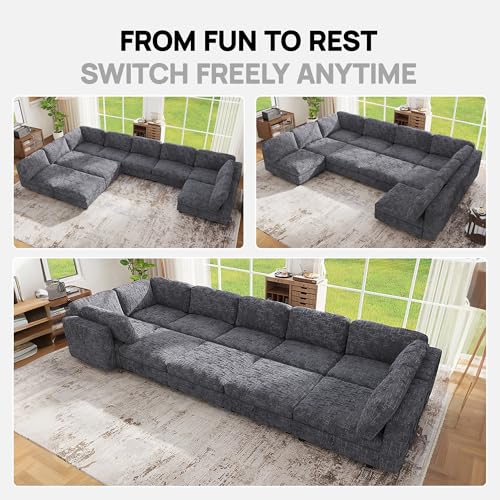 Image of 157 inch Modular Sectional Chenille Sofa bed with Hidden Storage, Comfy Modern 10 Seater Oversized Deep Seat Couch, Modular Sectional with Ottoman and Removable Cover for Living Room, Apartment, Gray