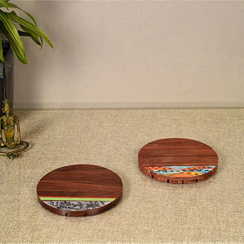 Image of AAKRITI ART CREATIONS Woodland Retreat Round Trivets | Floral Art | Brown Rosewood Trivets Set of 2 | Matte Finish Heat Resistant Coasters | Dining Table & Kitchen