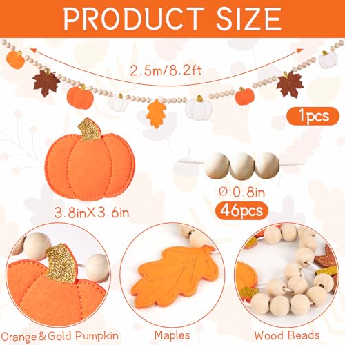 Image of Fall Decorations for Home Felt Pumpkin Garland and Wood Bead Felt Pumpkins Hanging Garland Maple Leaf Banner for Thanksgving Decorations Indoor Fall Harvest Festival Halloween Wall Decor (8.2ft)