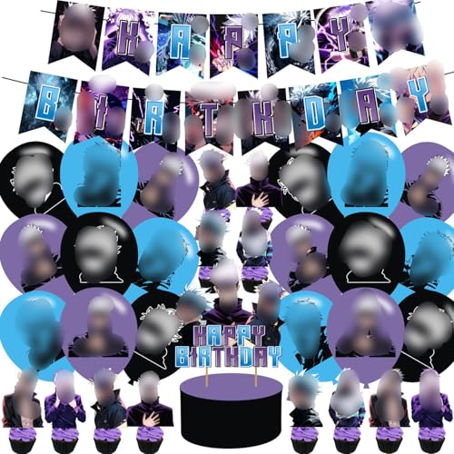 PINUO Anime Theme Birthday Banner, Cake Topper, Latex Balloons, Purple