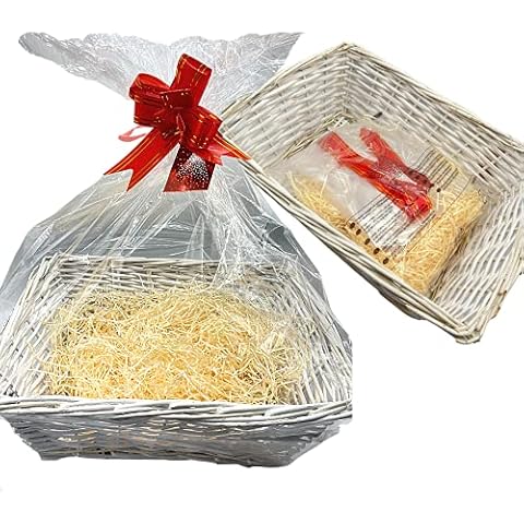 Wicker Basket Hamper Kit - Empty Hamper Basket, Cellophane Bag, Ribbon, Shredded Tissue and Gift Tag - Make Your Own Hamper for Christmas Birthday, Wedding, Anniversary, Baby Shower, Pamper Hamper Cover
