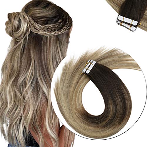 Sunny Balayage Tape in Hair Extensions Ombre Real Human Hair Extensions Balayage Ombre #3 Darker Brown Fading to #8 with