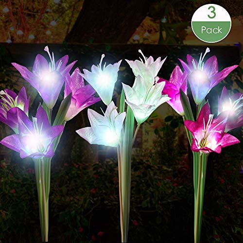 Solar Lights Outdoor, 3 Pack Waterproof Solar Garden Stake Lights with 12 Lily Flower, LED Solar Powered Lights for Patio, Lawn, Garden, Yard Decoration(Purple, White & Pink)