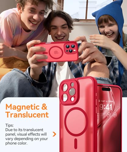 Image of CANSHN Magnetic Compatible with iPhone 16 Pro Case, Upgraded [Full Camera Protection] [Compatible with Magsafe] [Translucent Matte] Shockproof Protective Phone Case Cover 6.3 Inch - Red