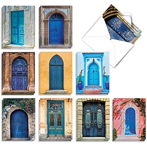 The Best Card Company - 20 Blank Note Cards Bulk Box 4 x 5.12 Inch + Envelopes, Architectural Doorways Detail Collection (10 Designs, 2 Each) - Blue Doors AM7170OCB-B2x10 Cover