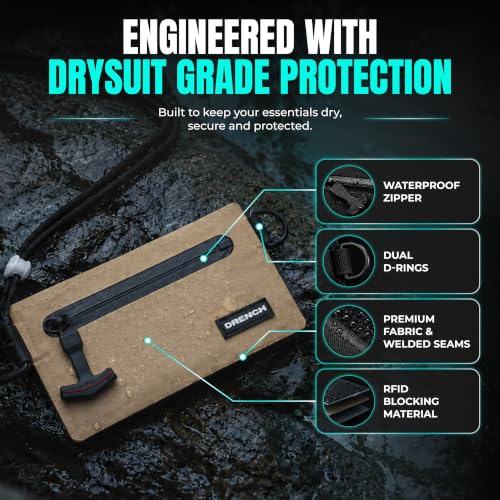 Image of Drench RFID Waterproof Floating Wallet IPX8 Dry Bag for Cards & Cash, Tan | IPX8 waterproof RFID wallet for cards, cash & keys with floating design, adjustable lanyard, belt loop & carabiner