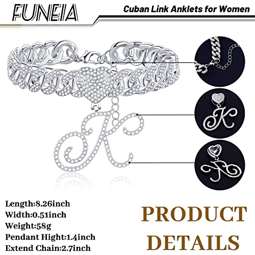 Funeia Cursive Initial Pendant Ankle Bracelets For Women, Adjustable Silver Cuban Link Chain Anklets, Miami Heart Shape Bling Diamond Iced Out Chain, Letter A-Z Dainty Anklet, Hip Hop Foot Jewelry Gifts #TOP5